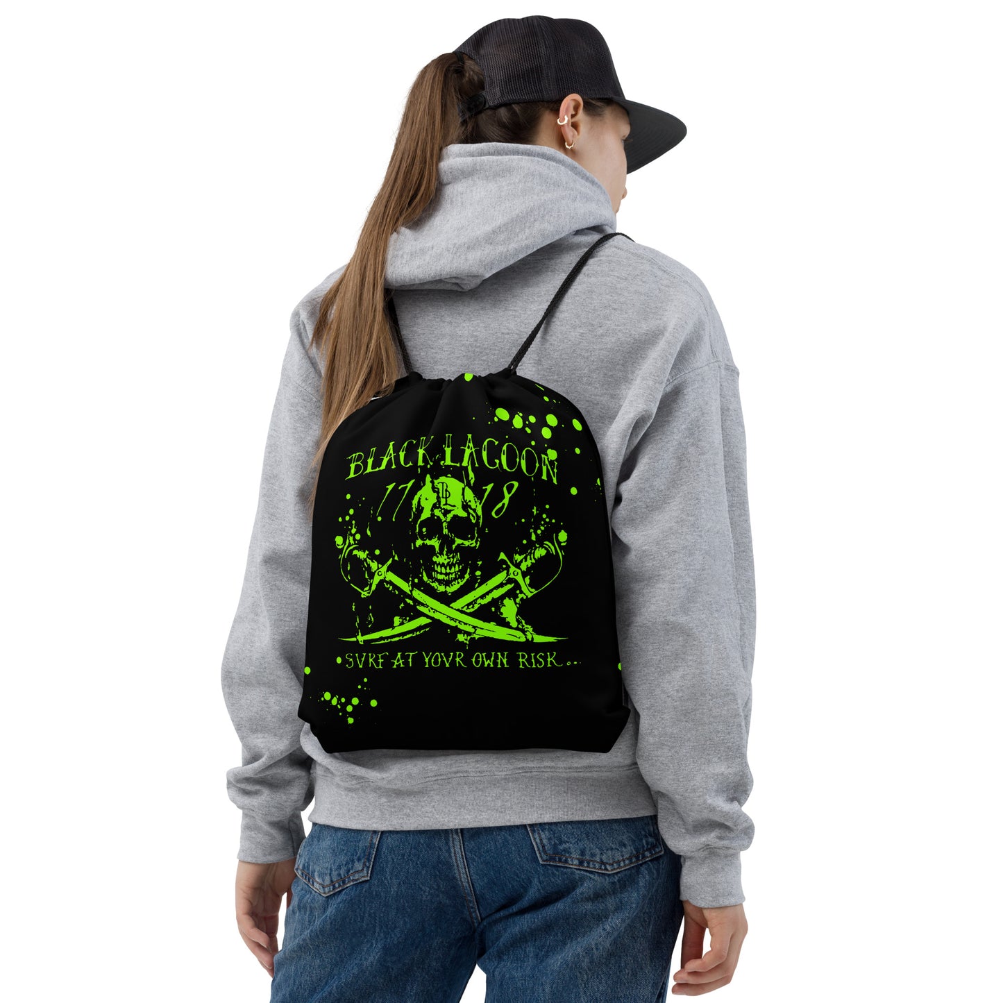 Bright Green Skull Splatter Drawstring bag