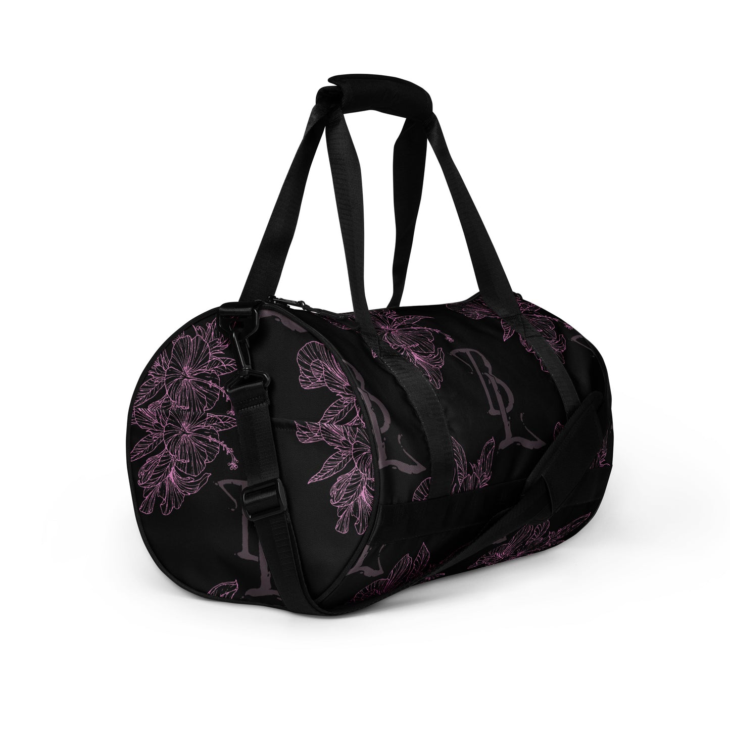 Pink Hibiscus Black All-over print gym bag