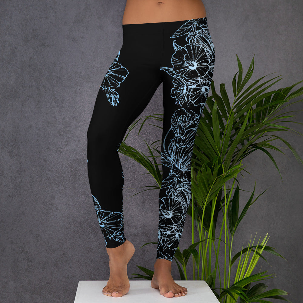 Blue Hibiscus Black Leggings