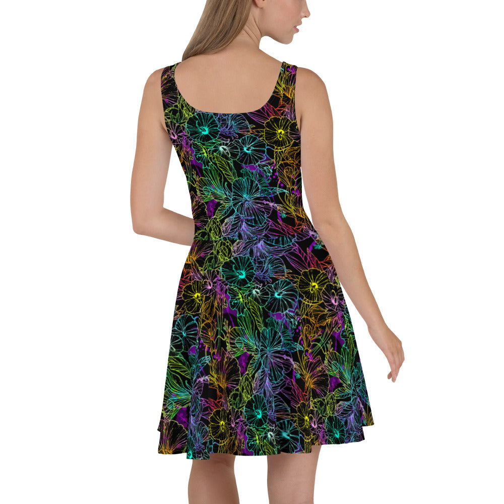 Rainbow Hibiscus Dark Skater Dress