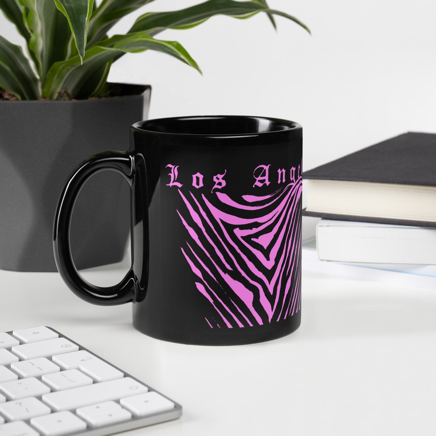 Los Angeles Pink Tiger Print Black Glossy Mug