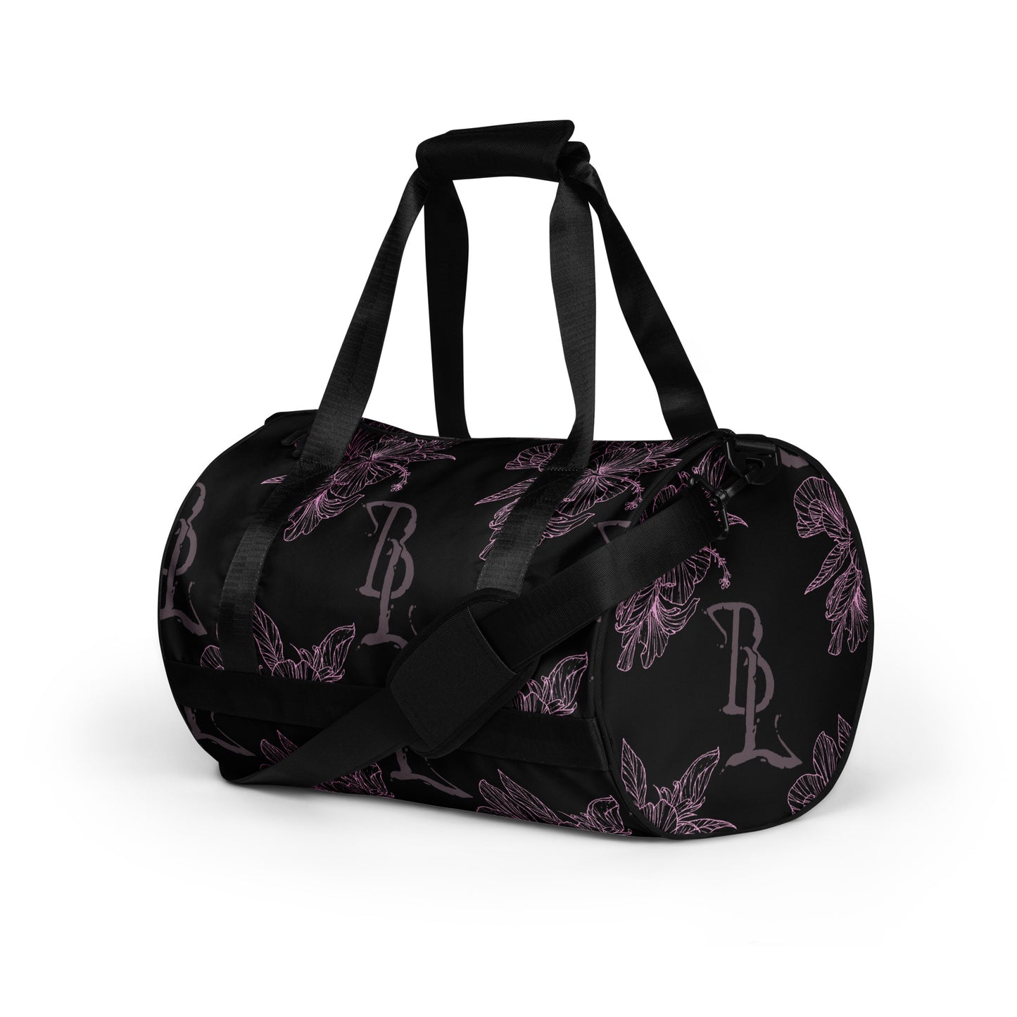 Pink Hibiscus Black All-over print gym bag
