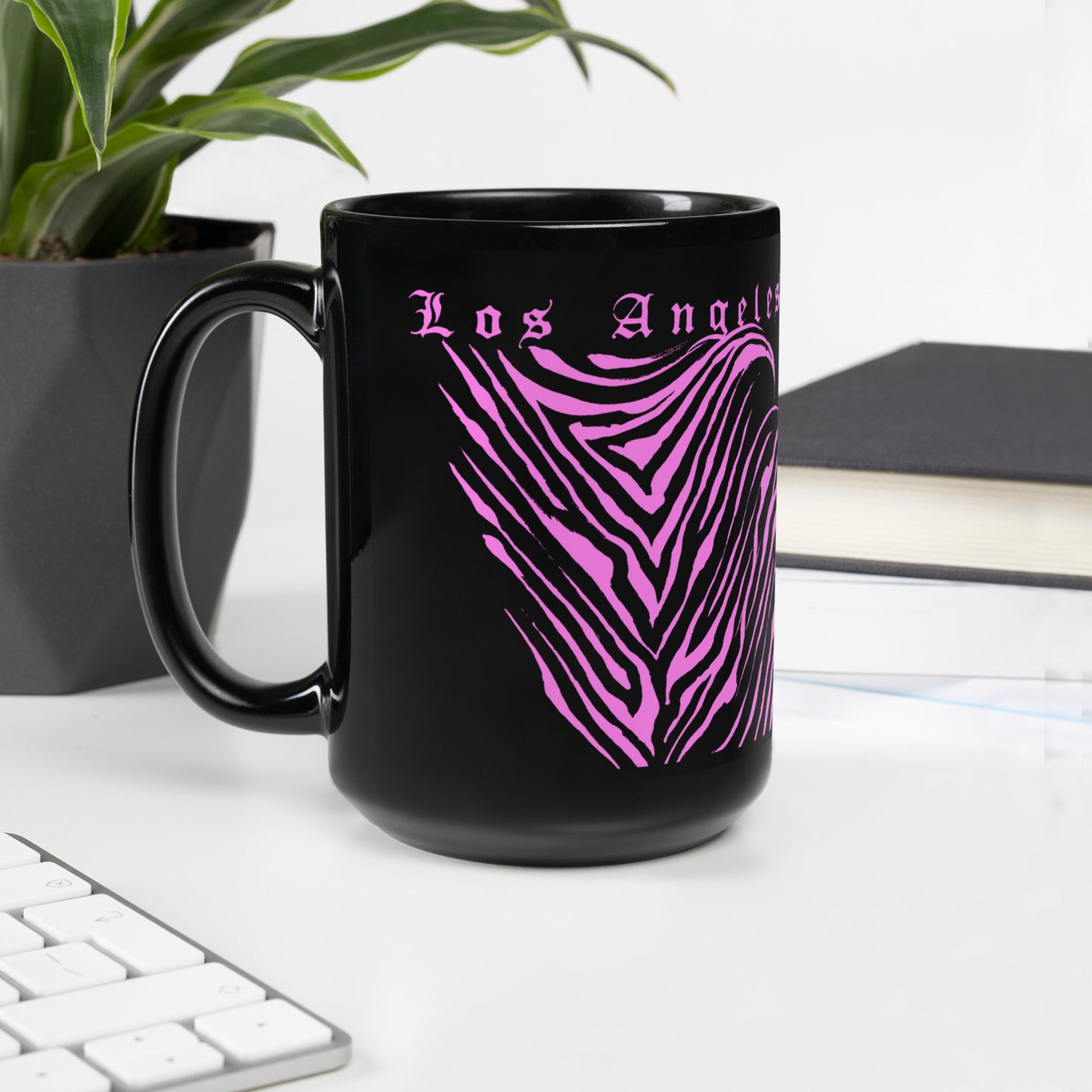 Los Angeles Pink Tiger Print Black Glossy Mug