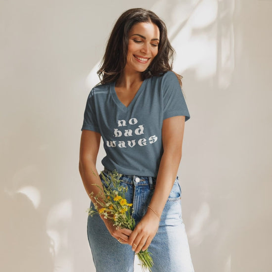 Video for No Bad Waves Women’s relaxed v-neck t-shirt