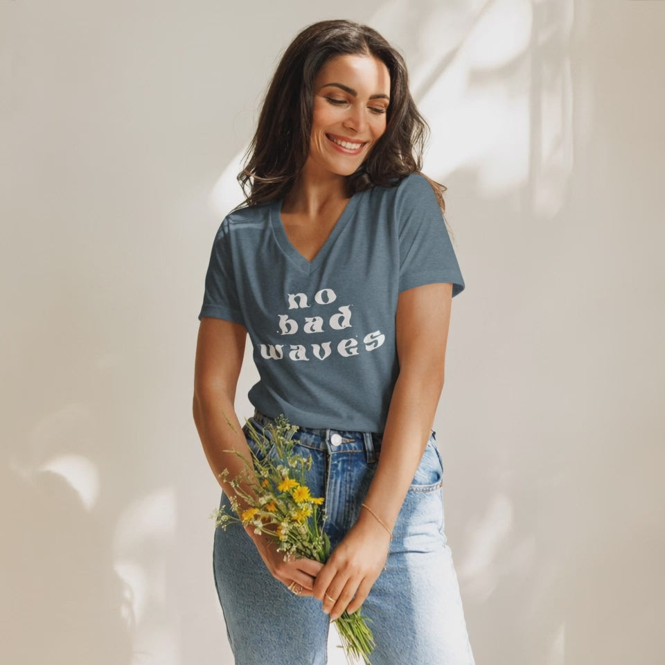 Video for No Bad Waves Women’s relaxed v-neck t-shirt
