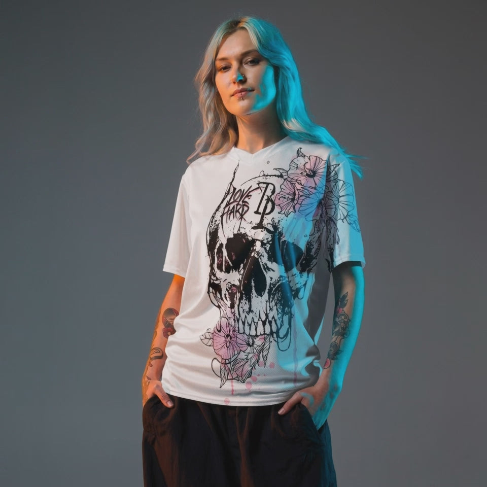 Video for Love Hard Recycled unisex sports jersey